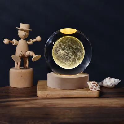 6cm 3D Art Crystal Ball Night Light Birthday Gift Night Light Wooden Light Base Table Lamp Decoration