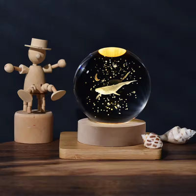 6cm 3D Art Crystal Ball Night Light Birthday Gift Night Light Wooden Light Base Table Lamp Decoration
