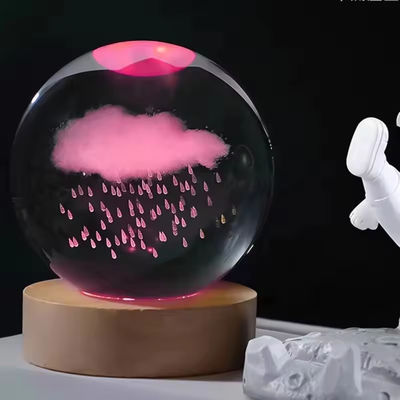 Engraved 3d Laser Crystal Ball With LED Lighting Wooden Base Crystal Ball Souvenir