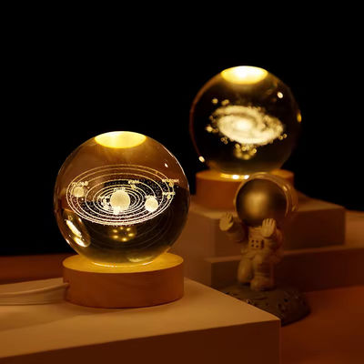 Engraved 3d Laser Crystal Ball With LED Lighting Wooden Base Crystal Ball Souvenir