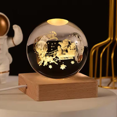 Engraved 3d Laser Crystal Ball With LED Lighting Wooden Base Crystal Ball Souvenir