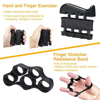 Five Piece Hand Grip Workout Kit Black Adjustable Hand Gripper Finger Stretcher Grip Ring And Stress Ball For Hand Strength And Flexibility