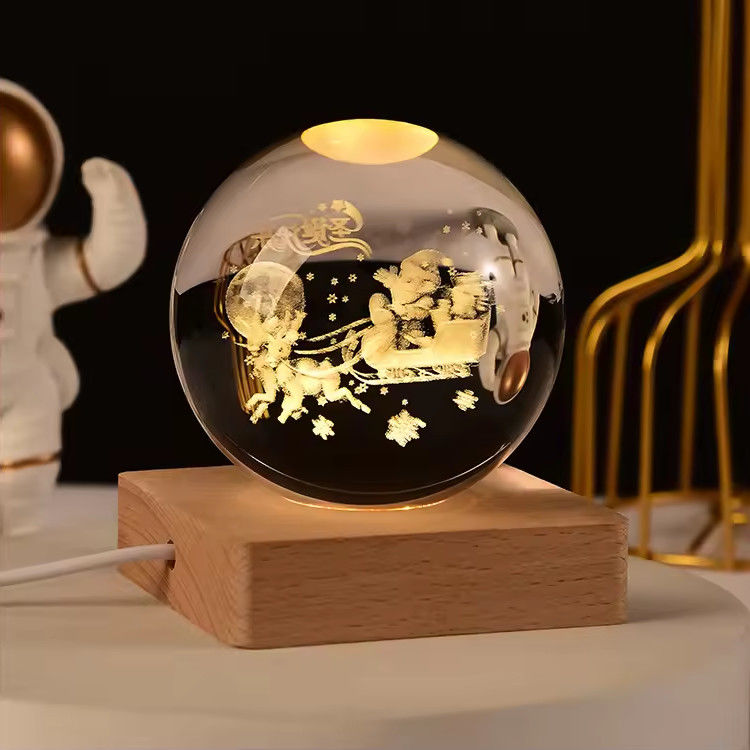 Wooden USB Powered LED Light Crystal Ball Statue Crafts Stand Table Decorations
