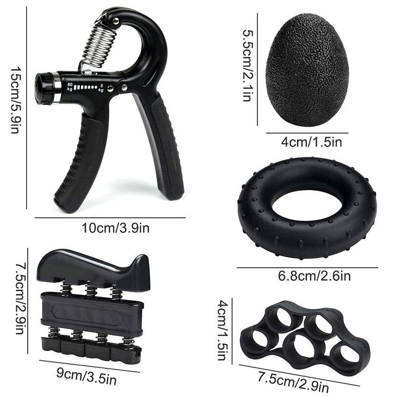 Hand Grip Strengthener Kit 5 Pack Black Adjustable Grip Trainer Finger Exerciser Grip Ring And Stress Ball For Hand Wrist And Forearm Training