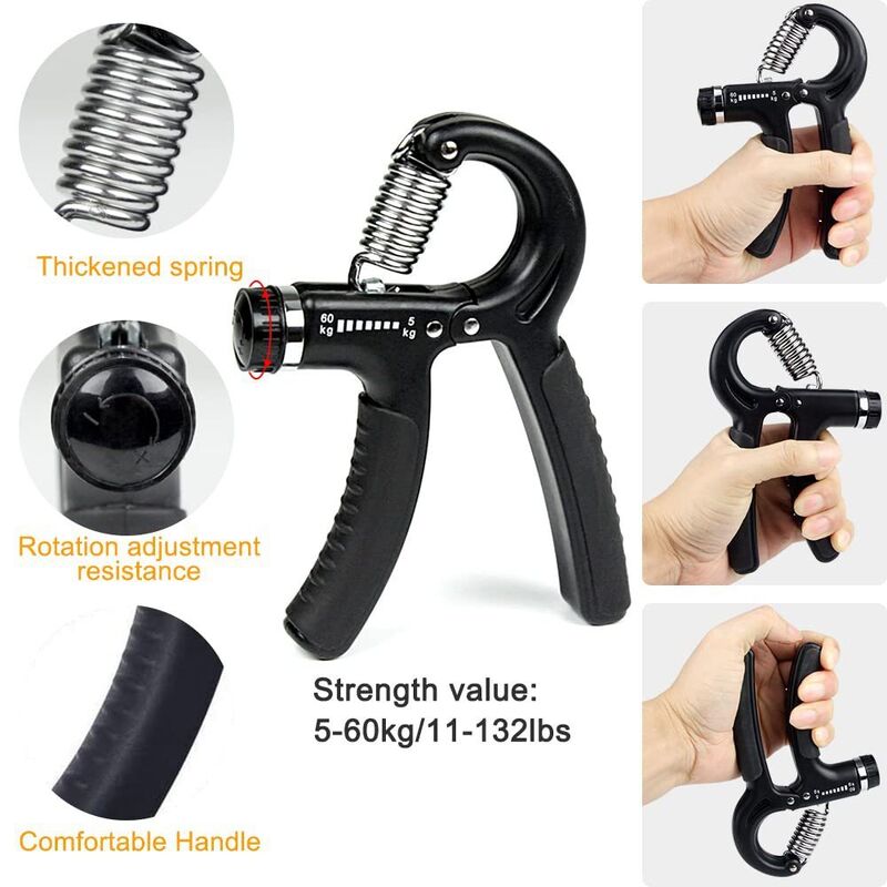 Five Piece Hand Grip Workout Kit Black Adjustable Hand Gripper Finger Stretcher Grip Ring And Stress Ball For Hand Strength And Flexibility